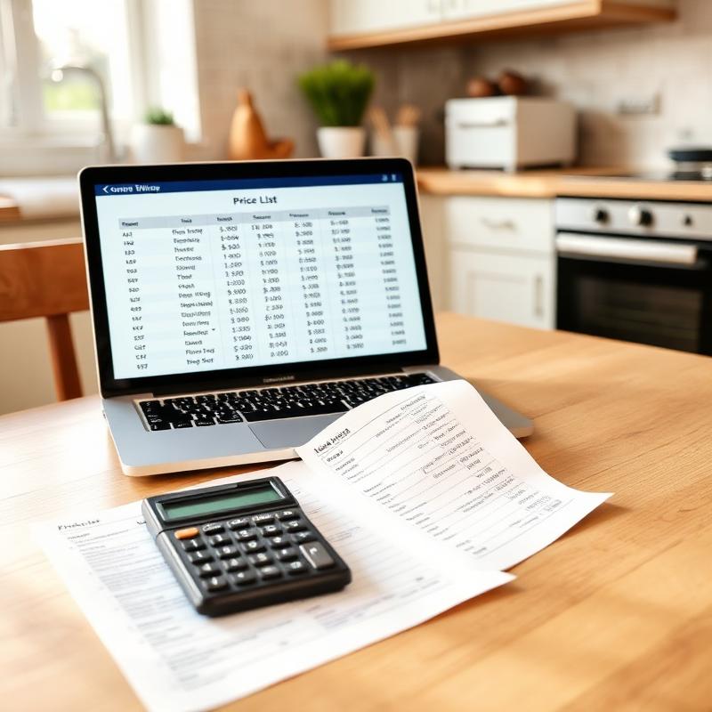 Fixed price list compared on a laptop at a kitchen table